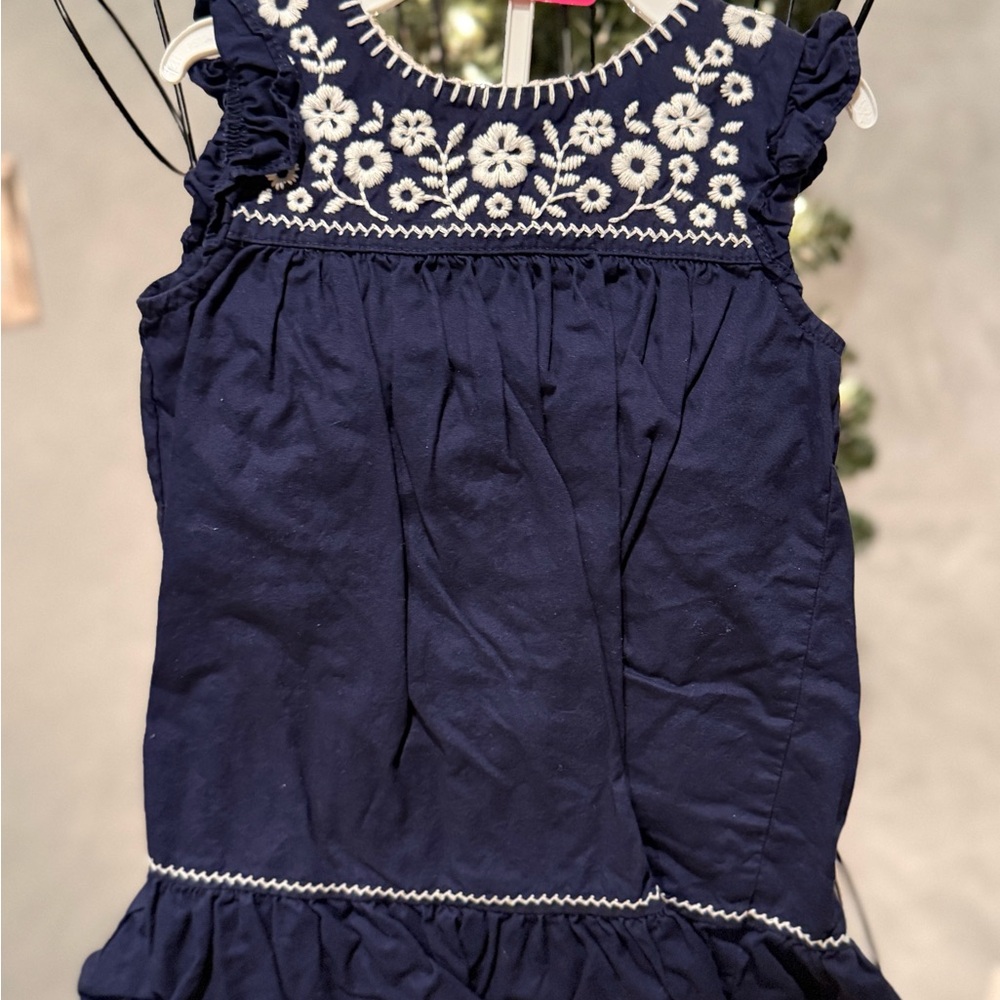 Navy Blue Sleeveless Dress with Floral Embroidery